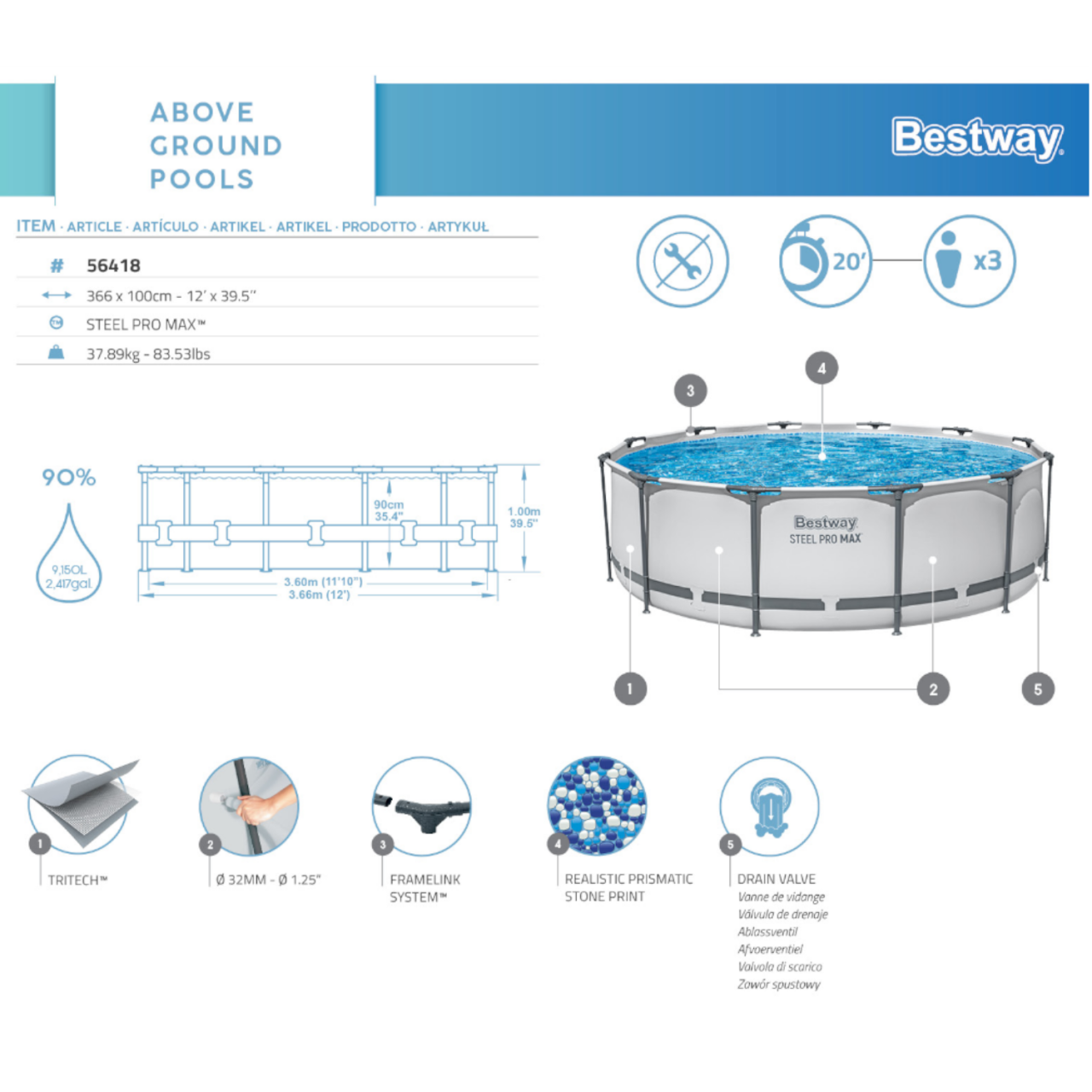 Bestway 56418 Frame Pool Steel Pro Set 366x100 cm mit Filterpumpe 2.006l/h