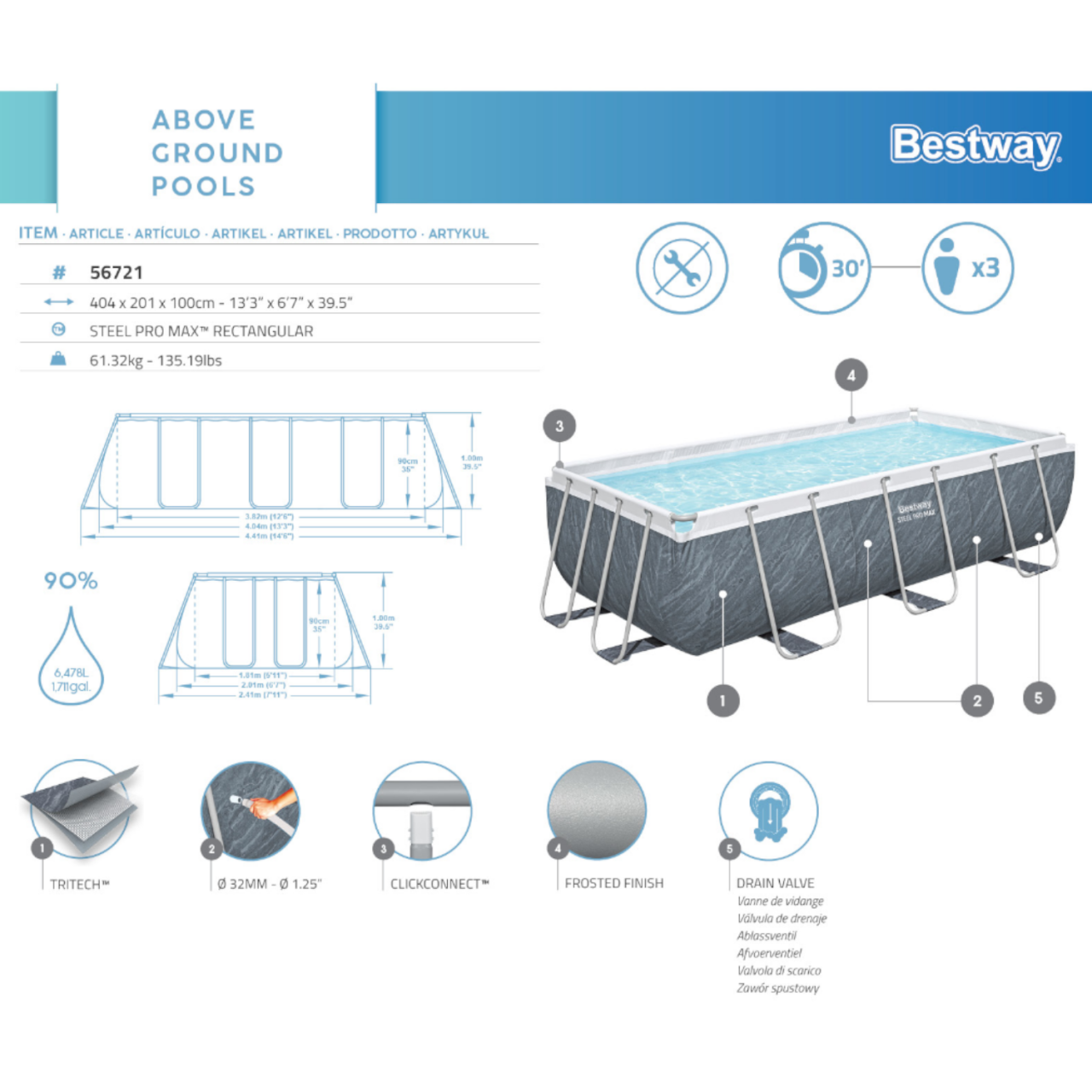 Bestway 56721 Frame Pool Power Steel Swimmingpool 404x201x100cm Komplett-Set