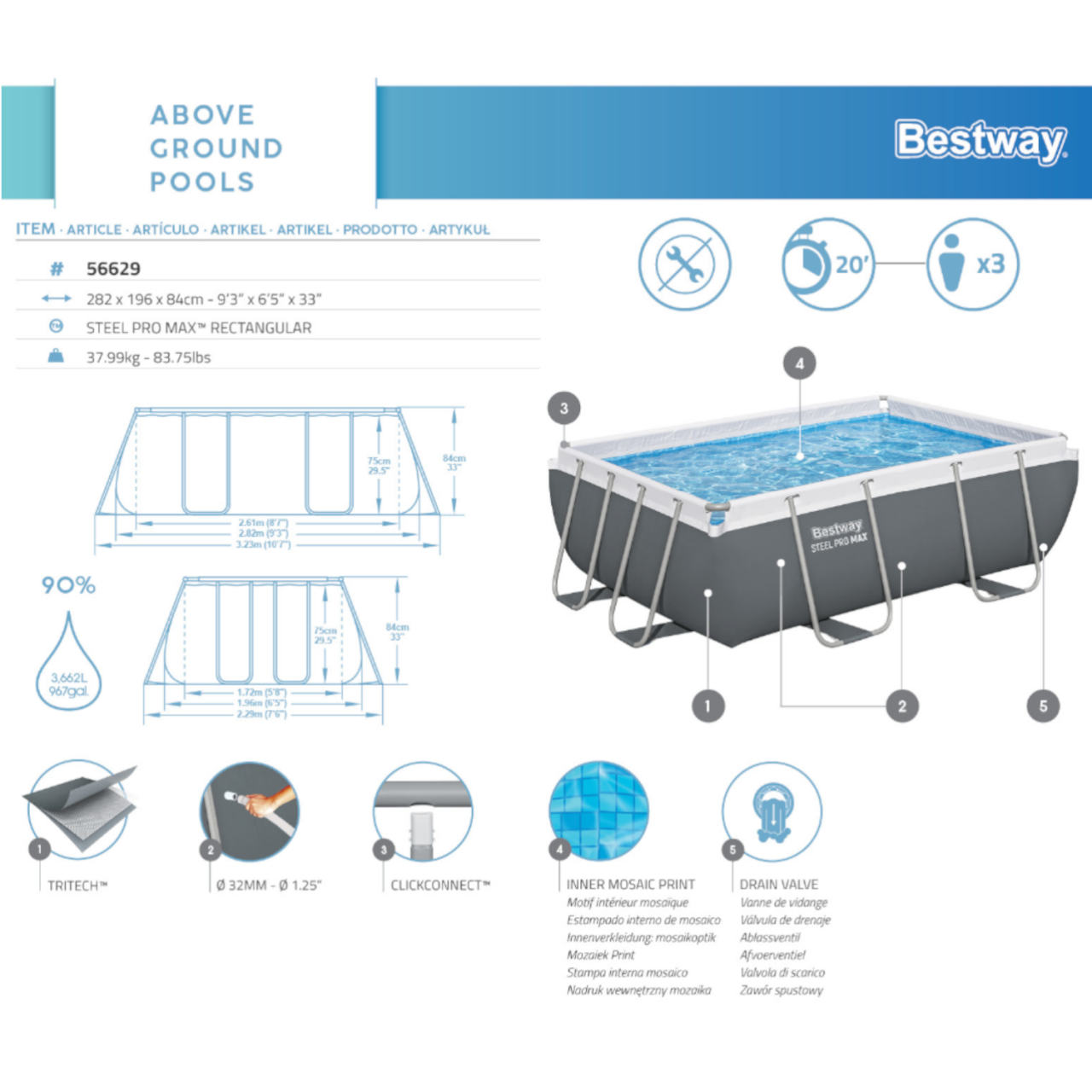 Bestway 56629 Frame Pool Schwimmbad mit Filterpumpe 282x196x84 cm rechteckig