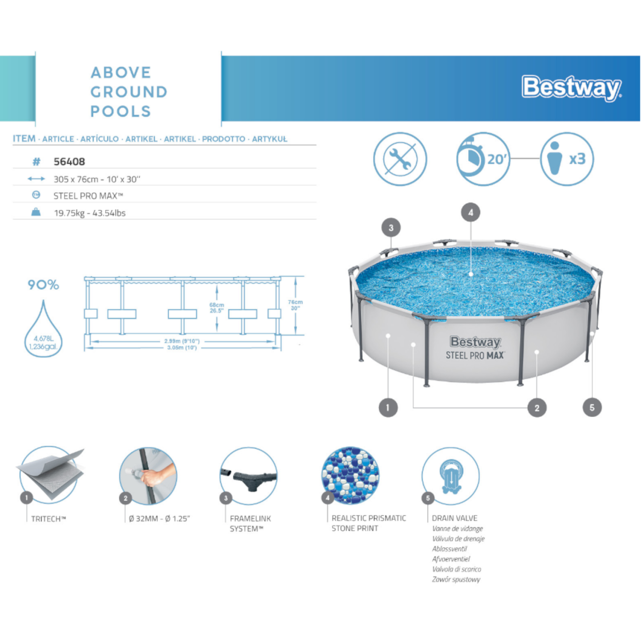 Bestway 56408 Frame Pool Steel Pro Set Schwimmbad 305x76cm Pumpe 1.249 L/h
