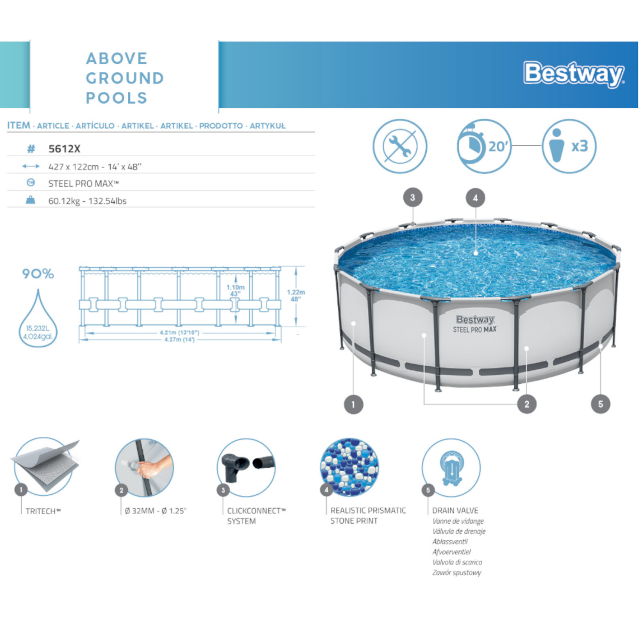 Bestway 5612X Steel Pro MAX Frame Pool Set Ø427x122cm Pumpe Leiter Abdeckplane