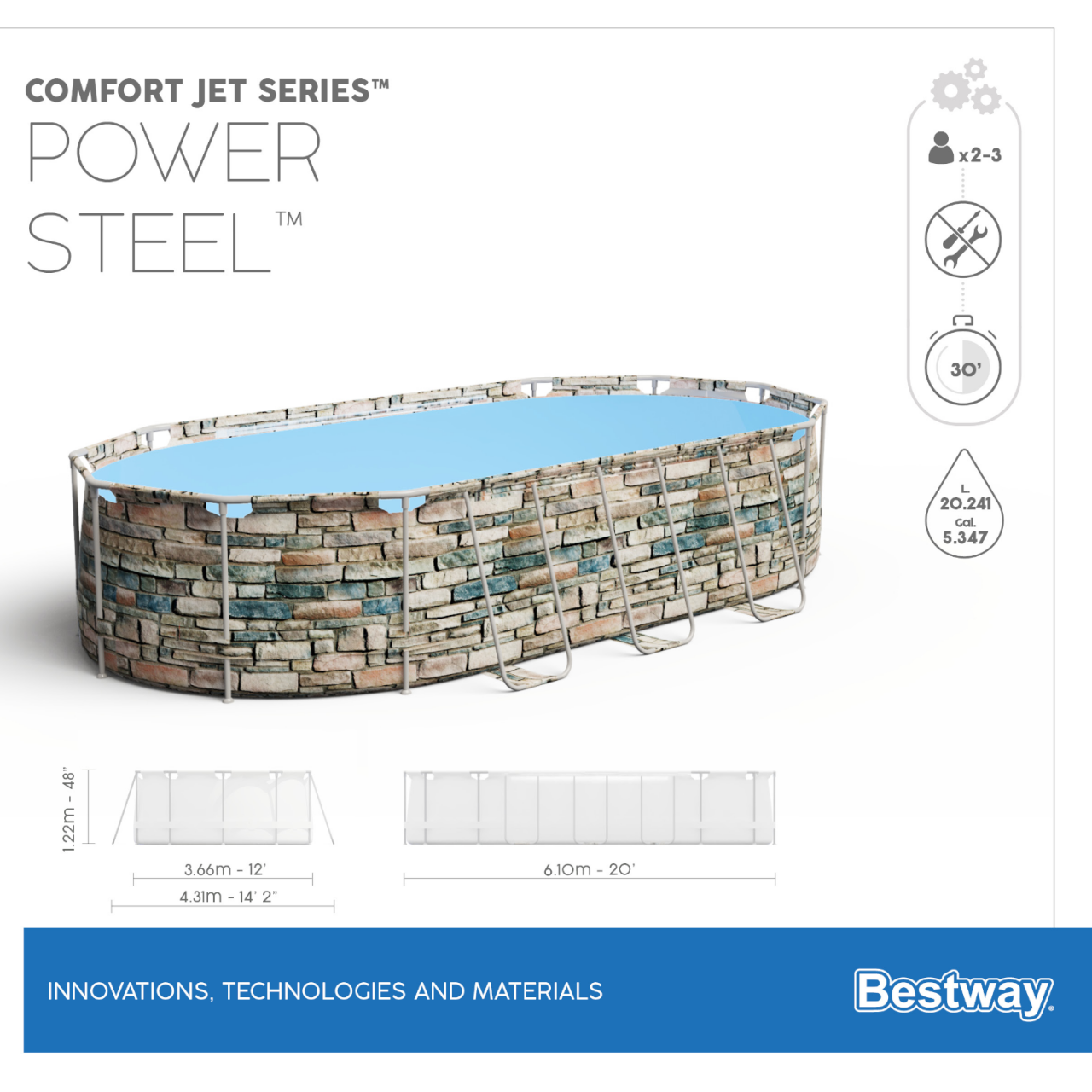 Bestway 56719 Power Steel Comfort Jet Pool oval mit Massageeffekt 610x366x122cm