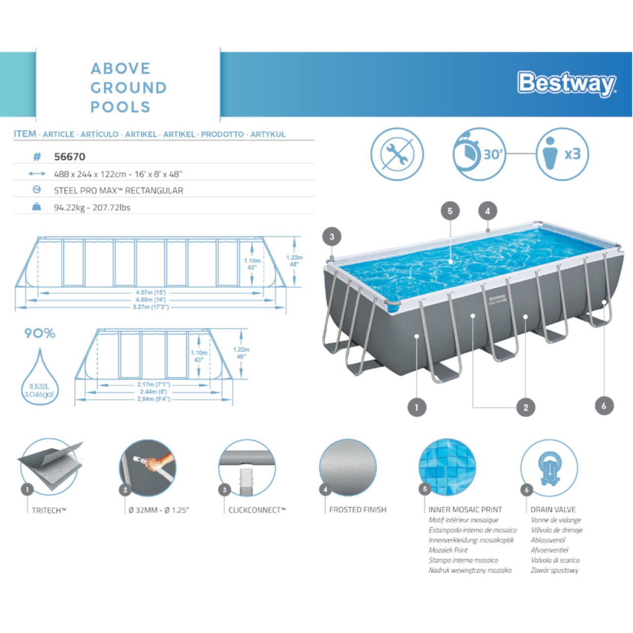 Bestway 56670 Power Steel Rectangular Frame Pool Set 488x244x122cm