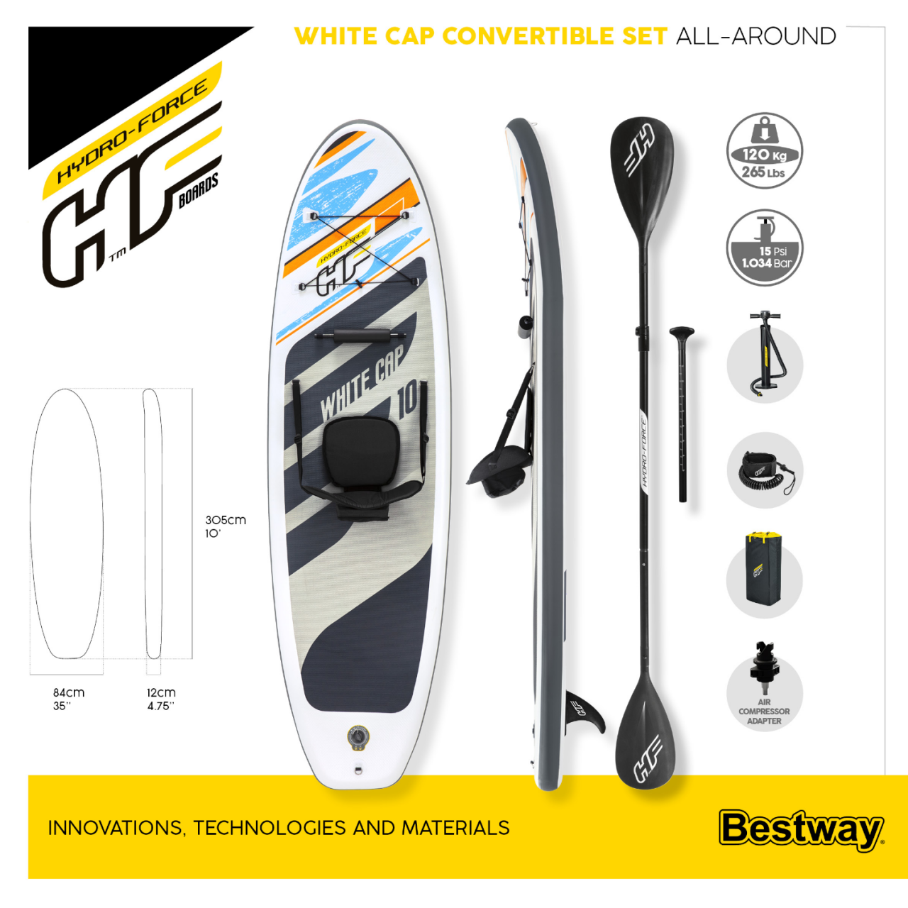 Bestway Hydro-Force 65341 SUP-Board White Cap Paddelboard aufblasbar 305x84x12cm