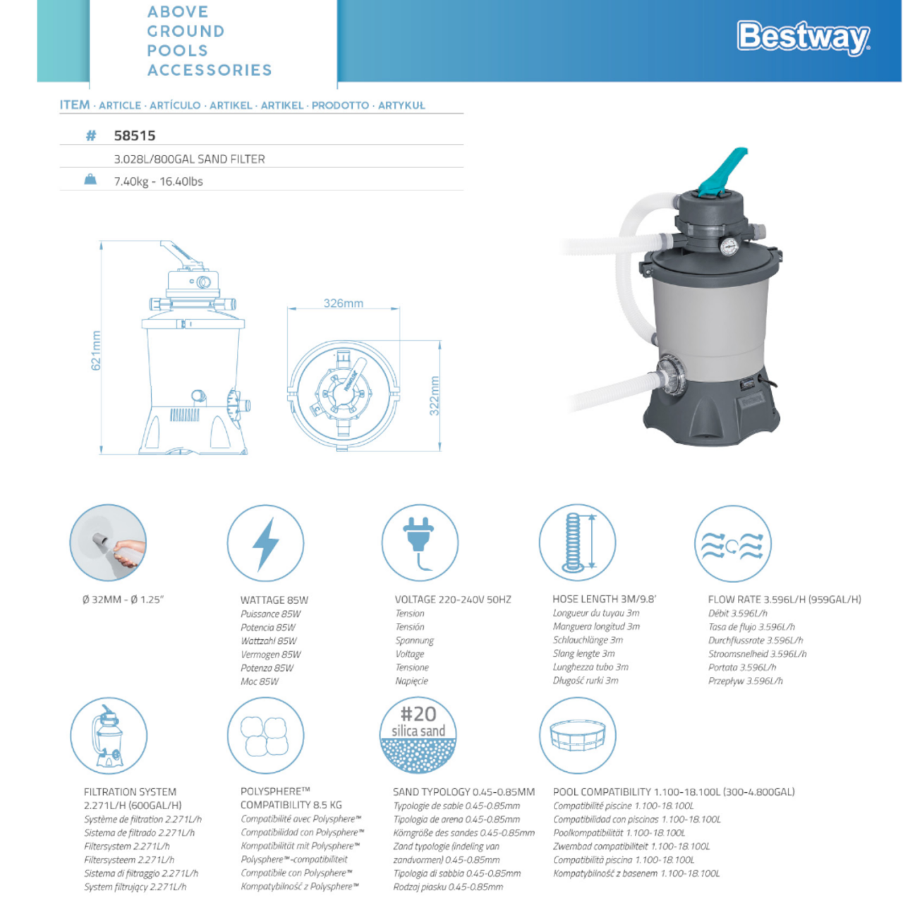 Bestway Flowclear Sandfilteranlage Sandfilterpumpe Schwimmbad 3.596 l/h 58515