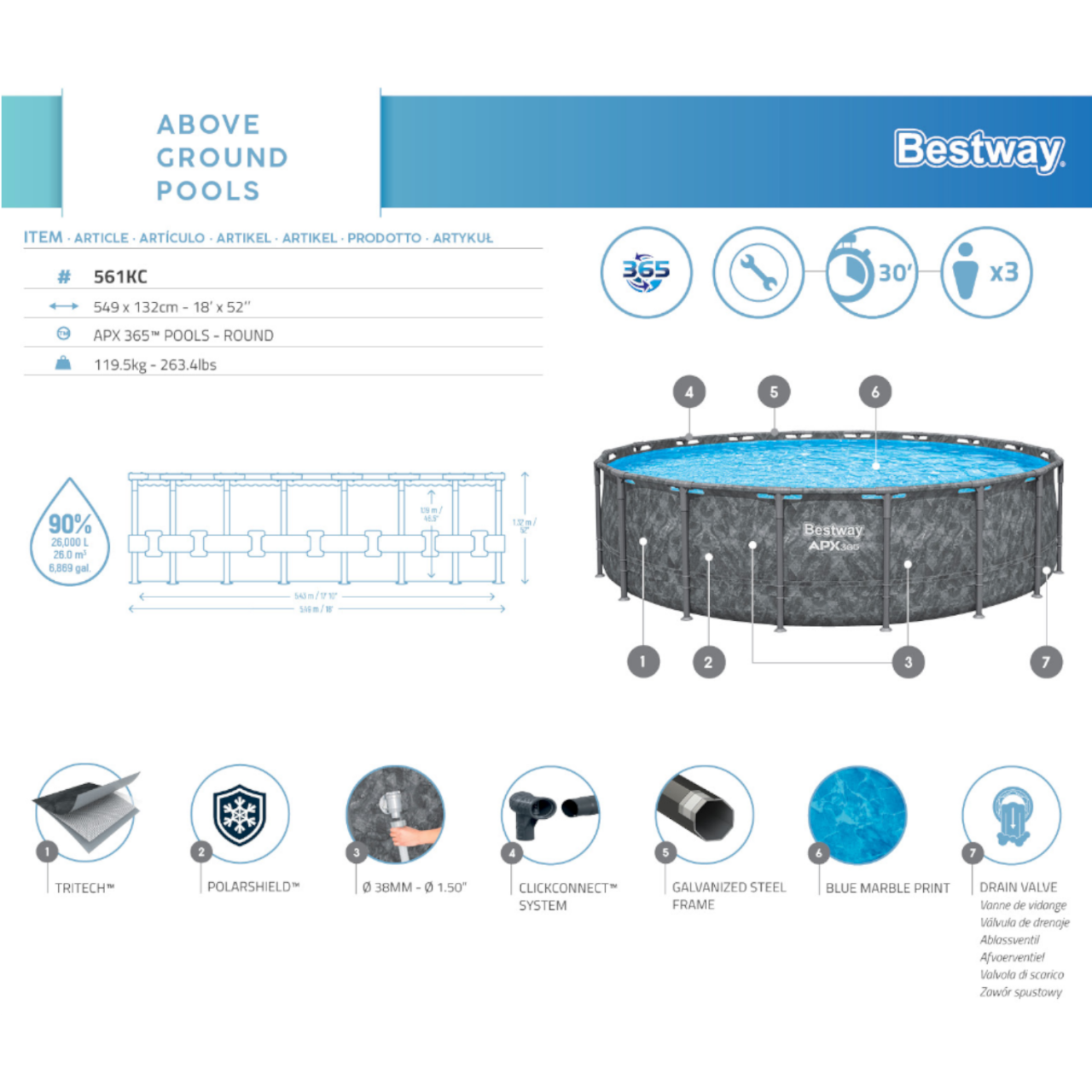 Bestway 561KC Winterfestes Frame Pool Komplett Set 549x132 cm