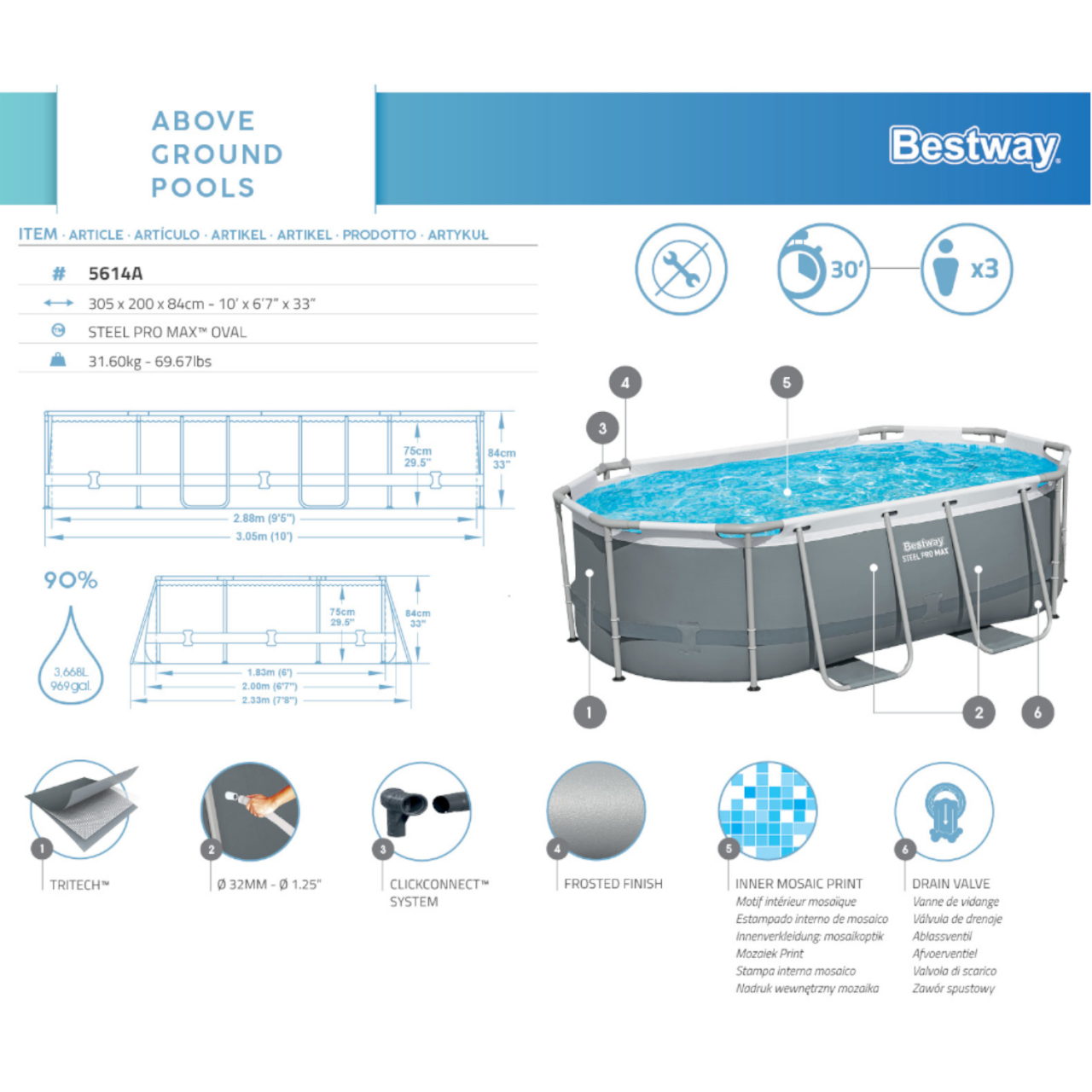 Bestway 5614A Power Steel Frame Pool Set Oval 305x200x84cm Pumpe