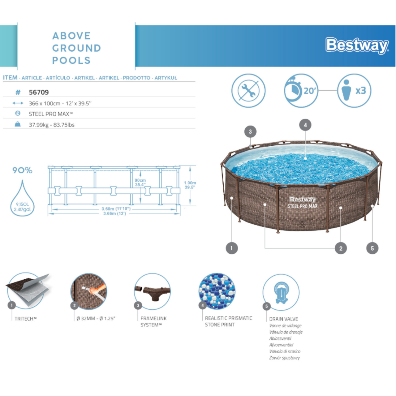 Bestway 56709 Steel Pro Max Pool Frame Pool Set Rattanoptik Framepool 366x100 cm