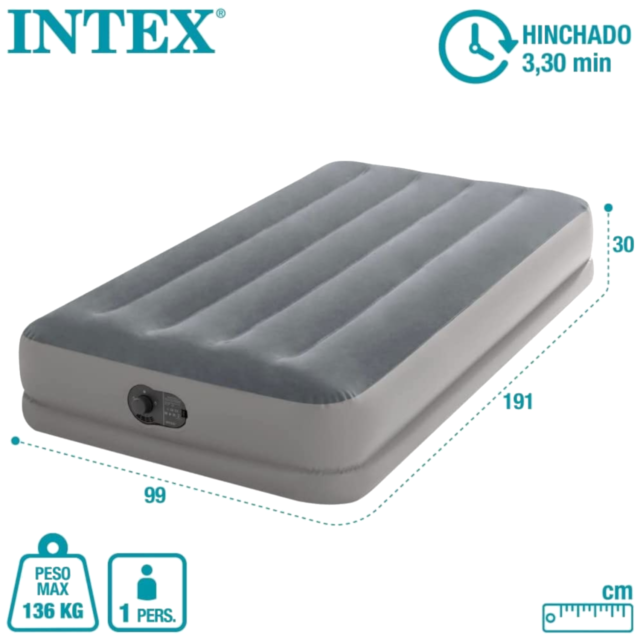 Intex 64112 Twin Dura-Beam Prestige Mid-Rise Luftbett mit USB-Pumpe 99x191x30cm