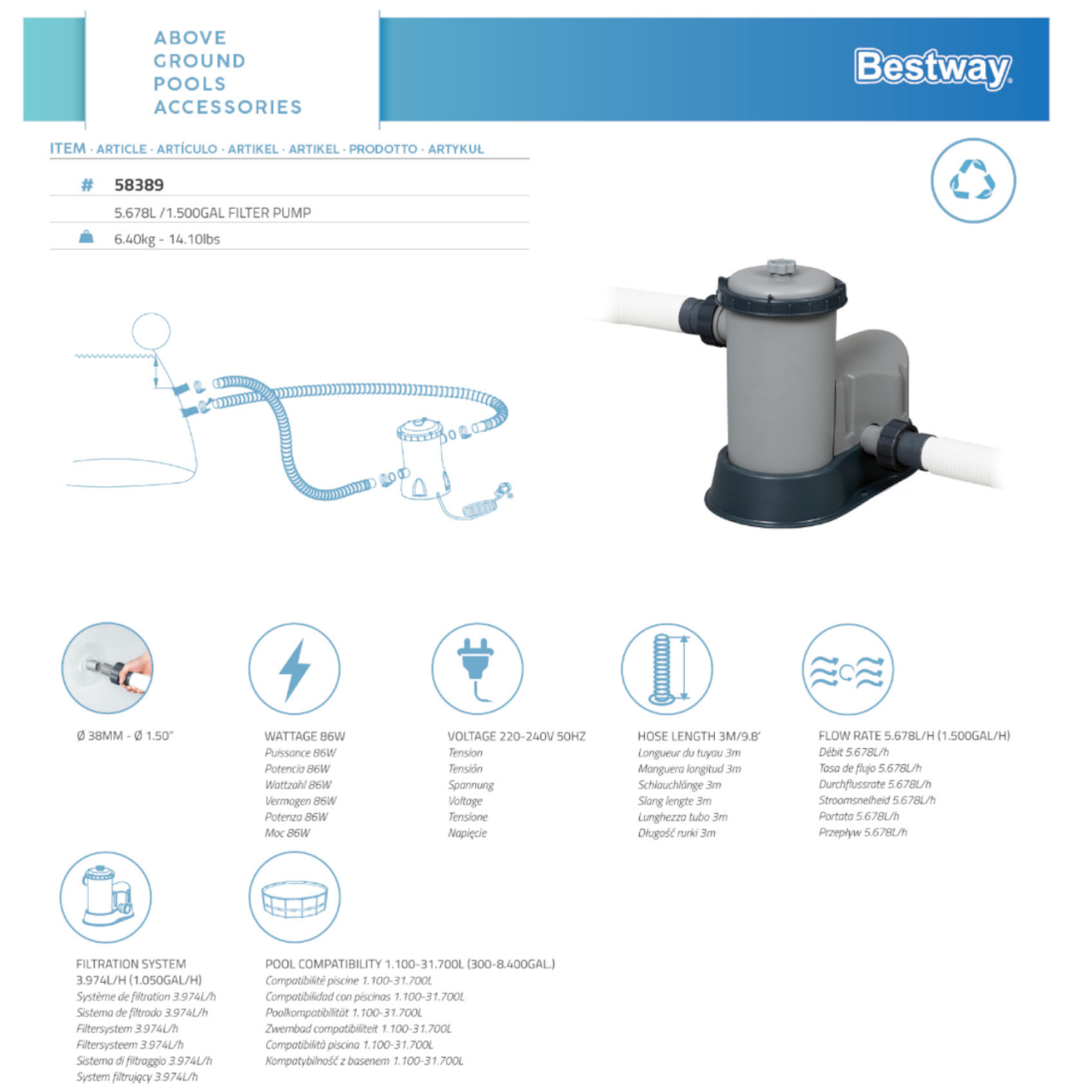 Bestway 58389 Filterpumpe Flowclear Poolreinigung + Filter Pumpleistung 5.678L/h