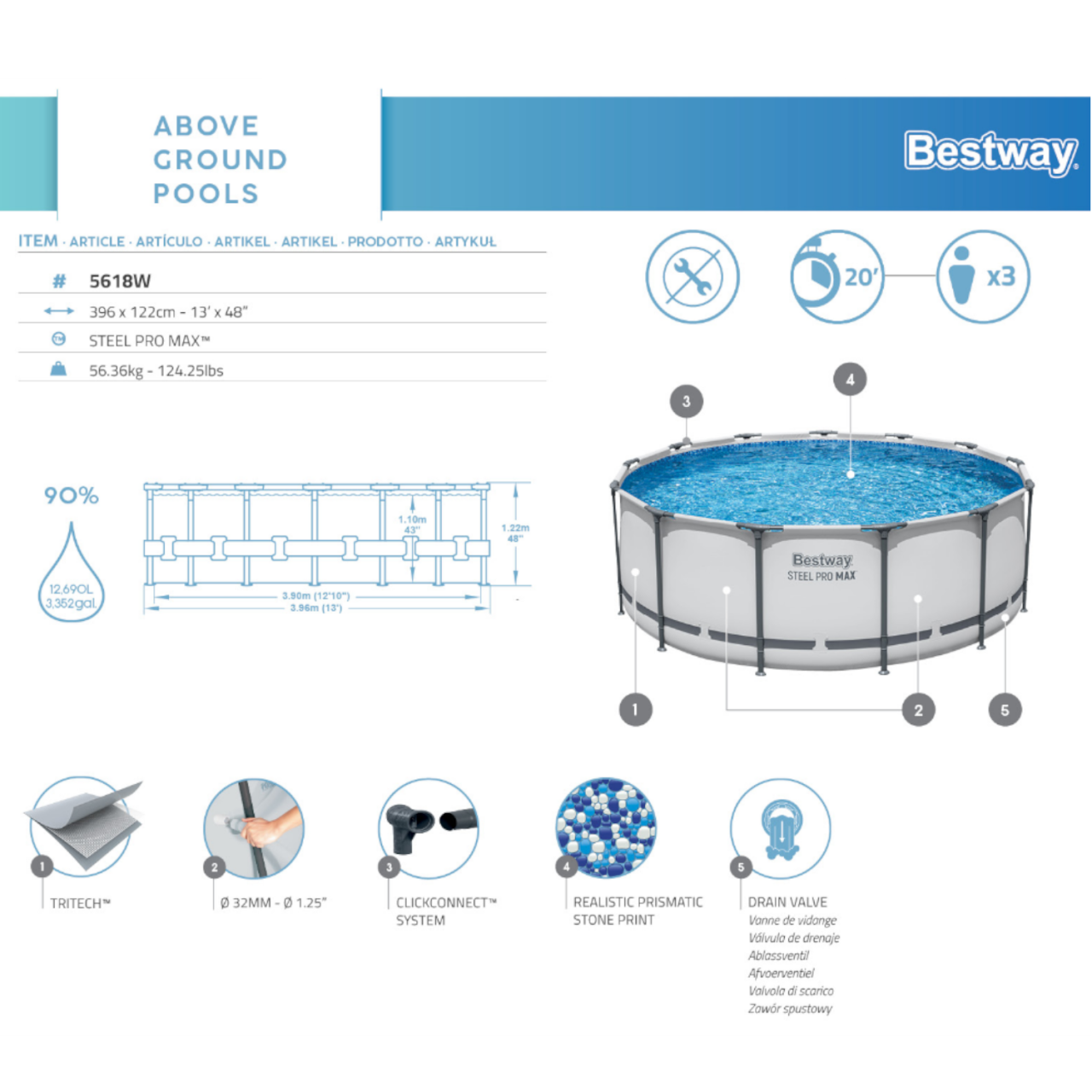Bestway 5618W Frame Pool Steel Pro MAX Swimmingpool rund Ø396x122cm Komplett-Set