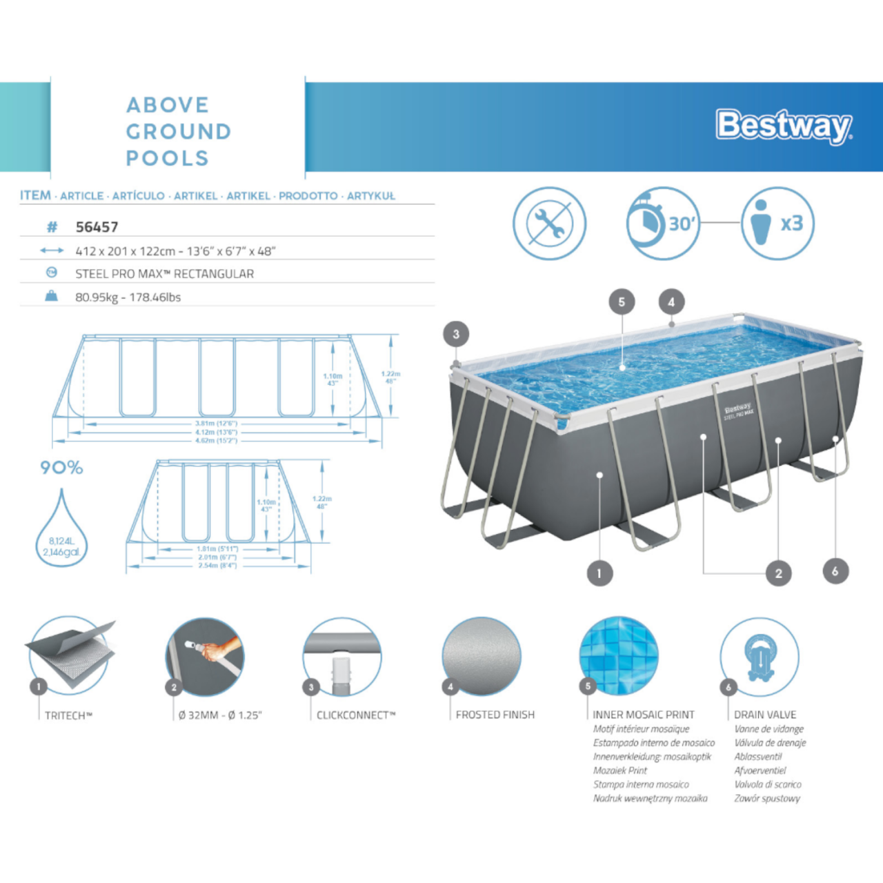 Bestway 56457 Power Steel Frame rechteckig Komplett-Set 412x201x122 cm