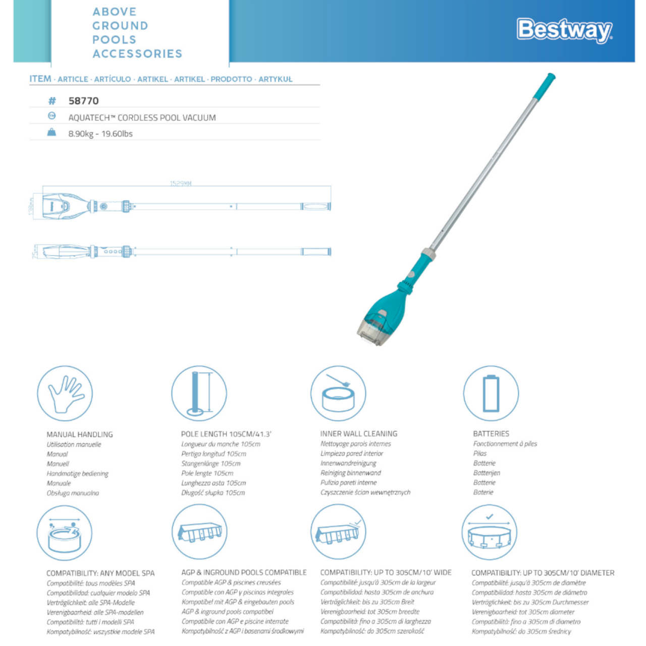Bestway 58770 Batteriebetriebener Poolsauger AquaTech 150 cm