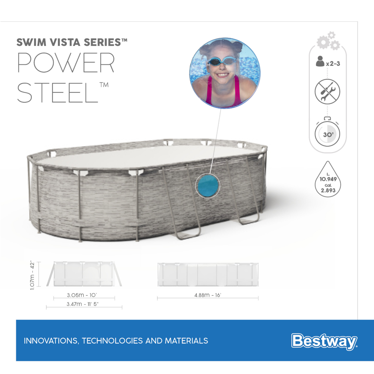Bestway 56946 Power Steel Frame Pool Set Swim Vista Steinwadoptik 488x305x107cm