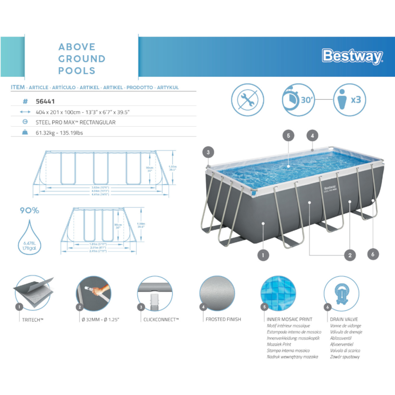Bestway 56441 Frame Pool mit Filterpumpe Leiter Swimmingpool Set 404x201x100cm