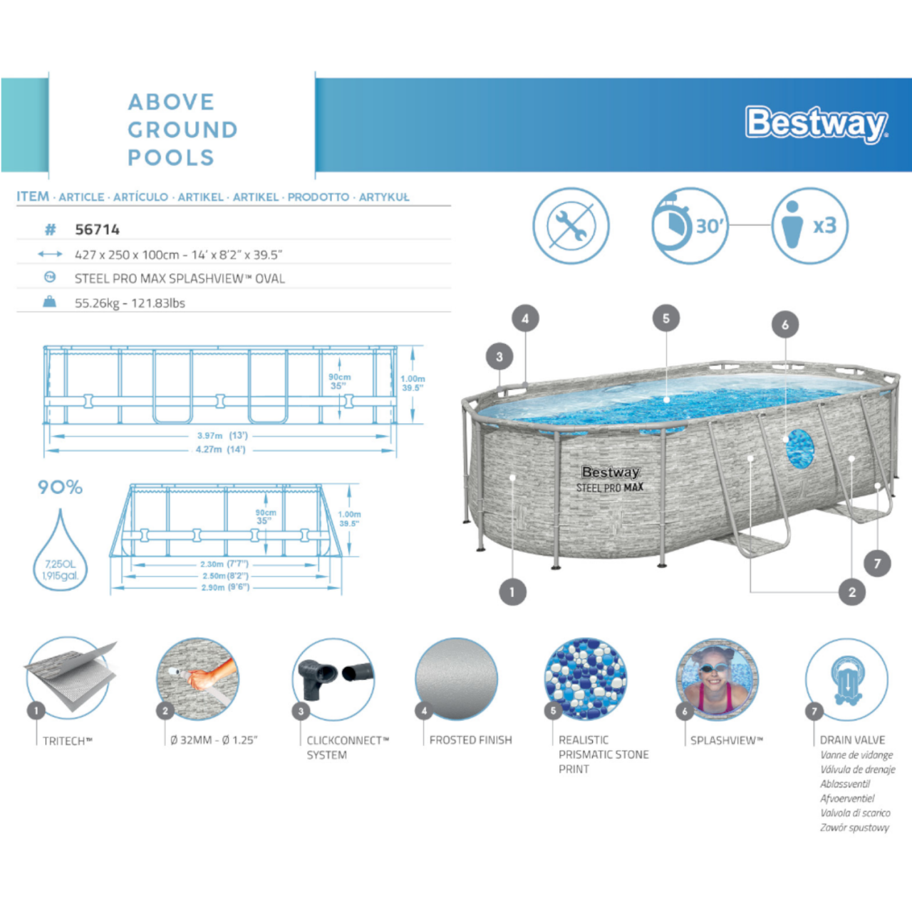 Bestway 56714 Power Steel Pool Swim Vista Oval Set Steinwand-Optik 427x250x100cm