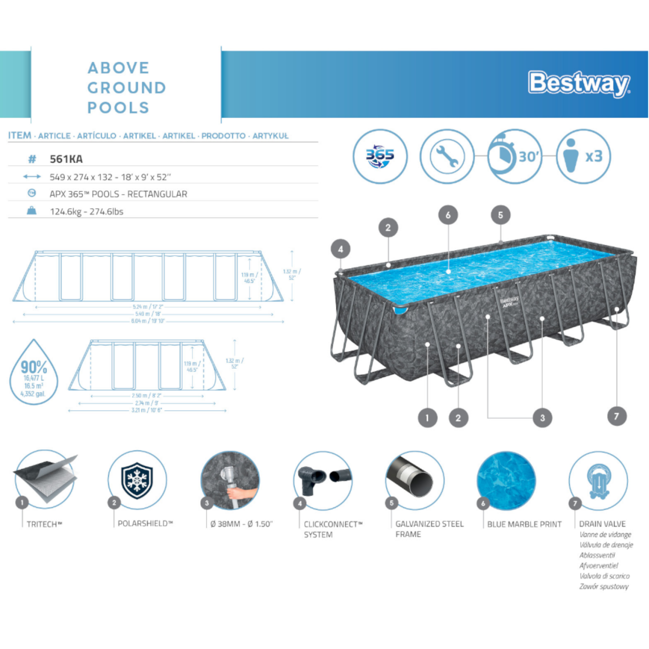 Bestway 561KA APX365 Frame Pool Komplett-Set 549x274x132cm, Winterfestes