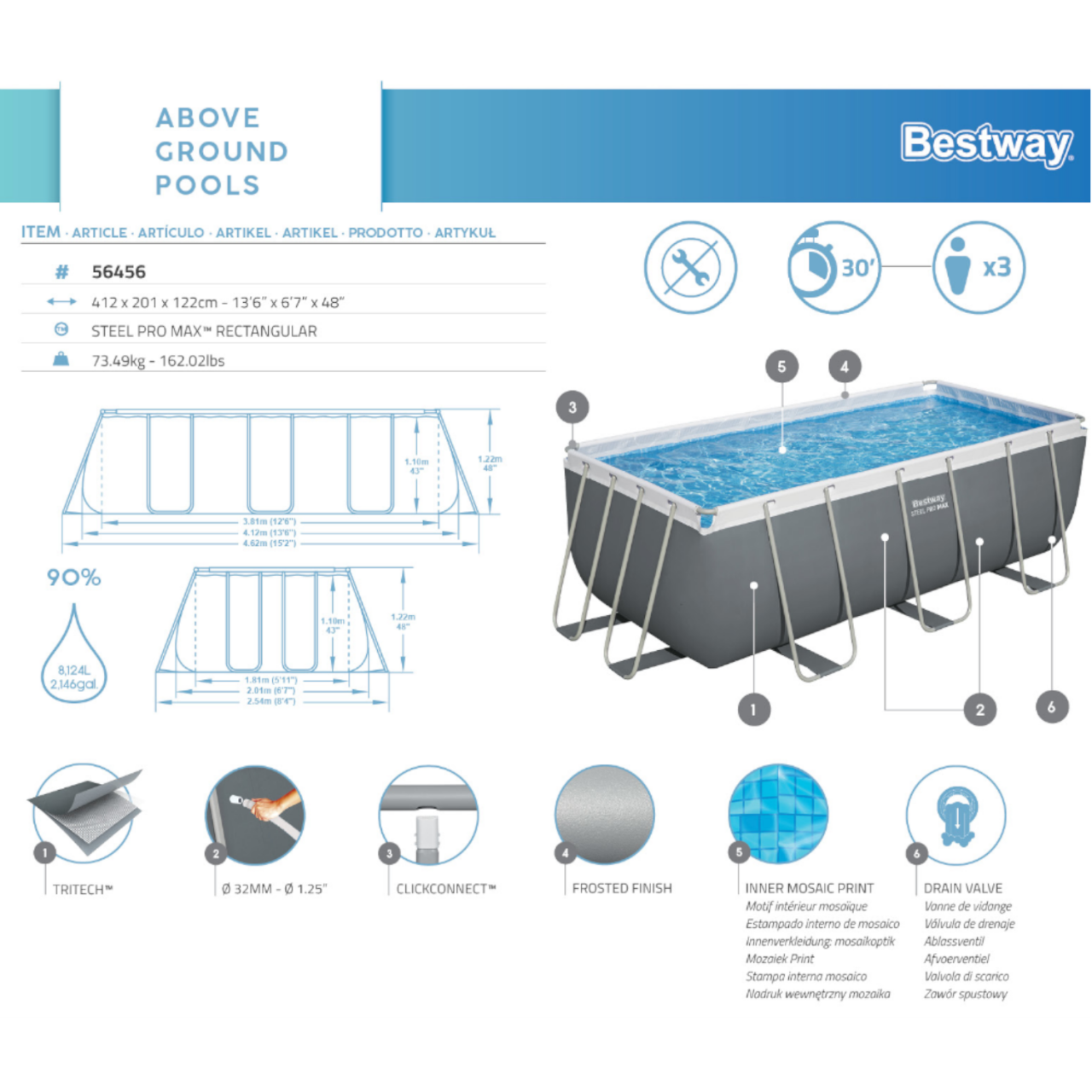 Bestway 56456 Frame Pool Steel 412x201x122 cm mit Filterpumpe Leiter Zubehör