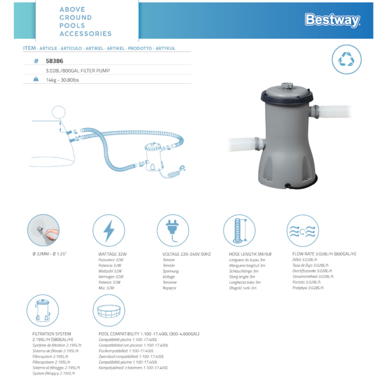 Bestway 58386 Filterpumpe Flowclear Poolreinigung + Filter Pumpleistung 3.028L/h
