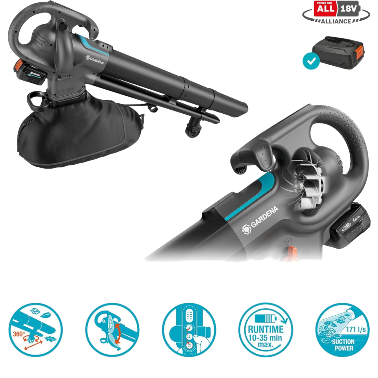 Gardena 14895-20 Laubsauger/-bläser PowerJetCollect mit 18V POWER FOR ALL-Akku